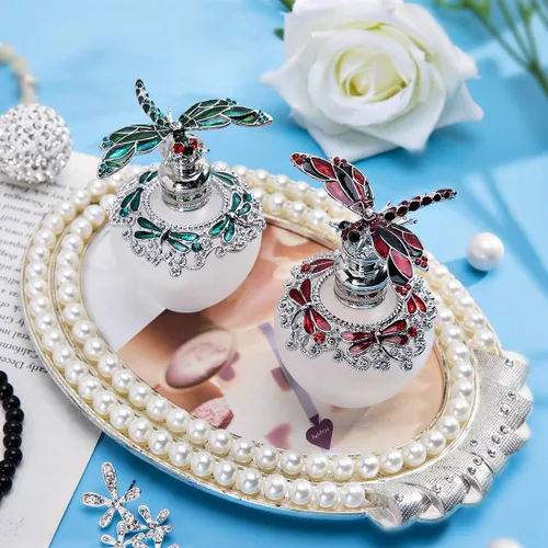 Vista 8 de YU FENG - Botella de perfume de cristal vacía de 40 ml con tapón de libélula verde, adornada con strass, rellenable, botella de vidrio