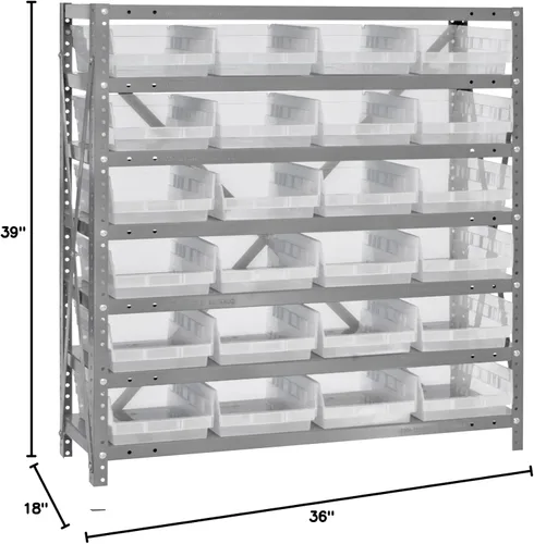 Vista 527 de Quantum QSBU-245BK Heavy Duty Shelving Unit with (7) Shelves and (24) QUS245 Black Bins for Garage Warehouse Storage Distribution 400 lb Load