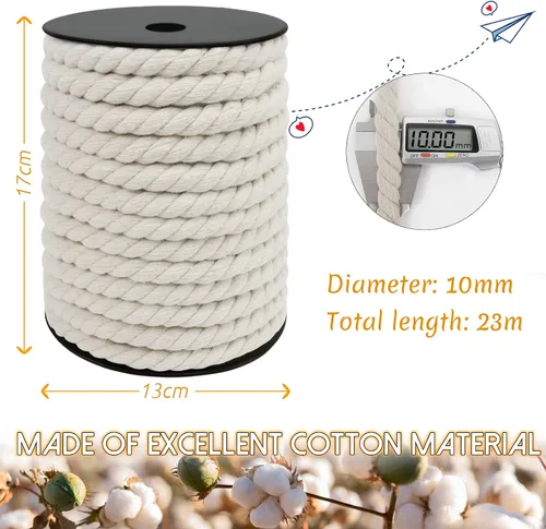 Vista 2 de JeogYong Cordón de algodón de 10mm, 22.86 metros de cuerda natural para macramé, hilo de 3 hebras torcido, cuerda para macramé para manualidades