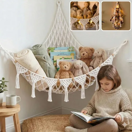 Vista 10 de TIDYTEDS Macramé DreamLights Hamaca de Red de Almacenamiento de Animales de Peluche Boho Extra Grande Soporte de Almacenamiento de Juguetes de Azul