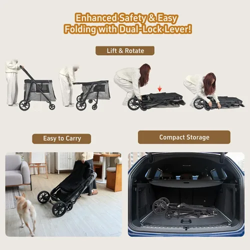Vista 7 de Cochecito mediano para perros pequeños a grandes, con 4 ruedas, cochecito múltiple para 4 perros con capacidad para hasta 40 libras, plegado con un