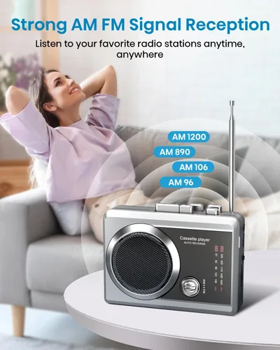 Vista 4 de Reproductor de grabadora de casete portátil y radio AM/FM, reproductor de cinta de casete compacto con conector para auriculares de 0.138 in