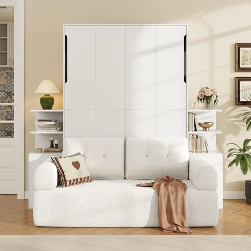 Vista 19 de Cama Murphy de Pared Tamaño Queen con Escritorio en Forma de L, Sofá de 2 Asientos y Luz, Marco de Cama Murphy Tradicional de Madera Maciza