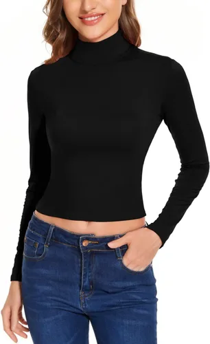 Vista 4 de Camisetas cortas ajustadas de cuello alto falso para mujer, básicas, de manga larga, con capas