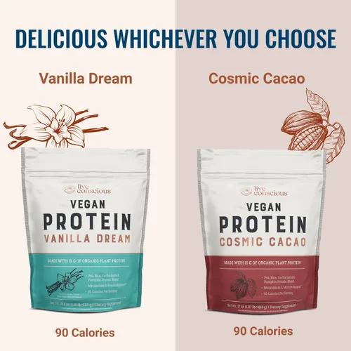 Vista 5 de Live Conscious Cosmic Cacao - Proteína en polvo vegana orgánica, sabor a chocolate, mezcla a base de plantas, proteína de guisante, arroz integral
