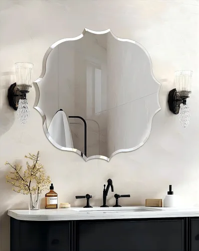 Vista 17 de Espejo de pared ovalado sin marco: Espejo decorativo elíptico de vidrio espejado para tocador con borde plateado biselado para baño, dormitorio