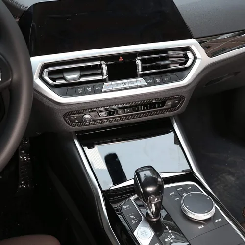 Vista 4 de Marco de ajuste de volumen de consola central de automóvil de material ABS para BMW Serie 3 G20 G28 2019 2020 (estilo de fibra de carbono)