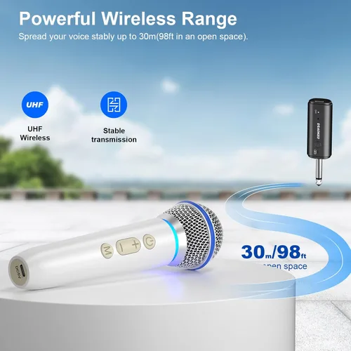 Vista 3 de Aokeo Micrófono inalámbrico con receptor recargable, micrófono de karaoke de mano dinámico UHF, rango de 100 pies, para altavoz amplificador