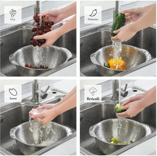 Vista 5 de Colador de Micropozos de Acero Inoxidable 18/8, Gran Capacidad de 2.5 Cuartos con Mango, Cesta Coladora de Alimentos de Cocina para Lavar Verduras
