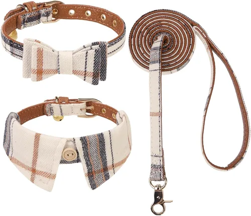 Vista 15 de KOOLTAIL Juego de collar y correa para perro pequeño con corbatín y campanas, lindo collar y correa para cachorros con patrón clásico a cuadros Beige