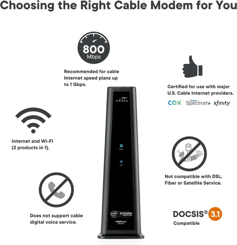 Vista 2 de Arris (SBG8300-RB) - Combo de Router de Módem de Cable - DOCSIS 3.1 Gigabit Rápido & WiFi AC2350, Comcast Xfinity, Cox, Spectrum & Más, Velocidades