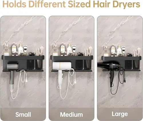 Vista 5 de Soporte para secador de pelo, organizador de secador de pelo, soporte para secadora de pelo, montado en la pared con estante para baño, salón, Negro