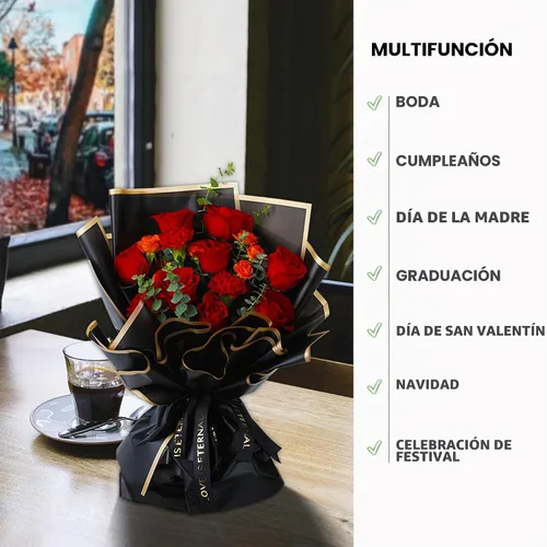 Vista 3 de Papel de regalo floral coreano - 15 hojas impermeables de envoltura de flores para ramos y regalos Negro