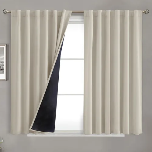 Vista 44 de BGment Cortinas 100% opacas beige de 63 pulgadas de largo con forro aislante térmico, bolsillo para varilla y lengüeta trasera de doble capa