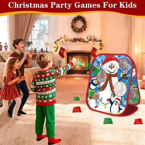 Vista 5 de Juegos de Fiesta de Navidad para Niños y Adultos, Juego de Lanzamiento de Bolsita con Tablero Plegable de Dos Caras de Estilo Cornhole con 8