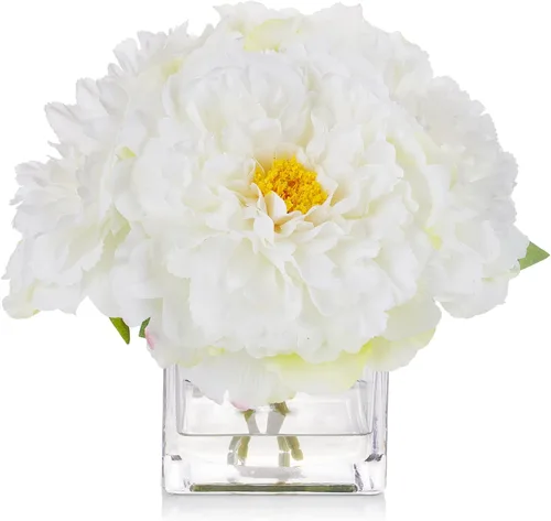Vista 9 de ENOVA FLORAL Flores de seda de peonías en jarrón, flores falsas con agua sintética en jarrón de vidrio para decoración de mesa de comedor, centros