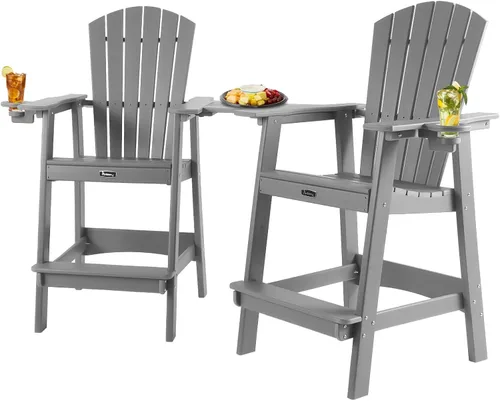 Vista 16 de FUNBERRY Juego de 2 sillas altas Adirondack con mesa de conexión extraíble, silla de balcón alta para todo tipo de clima con portavasos 2