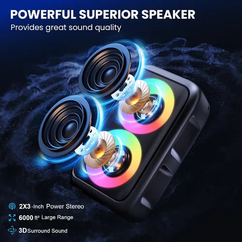 Vista 3 de Altavoz Bluetooth con 2 micrófonos inalámbricos recargables, altavoz portátil para fiesta con luces de colores, altavoces de pie compatibles