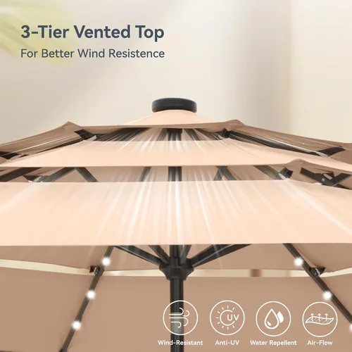 Vista 6 de PHI VILLA 10ft 3 Tier Outdoor Patio Umbrella with 24pcs LED Lights, Beige
