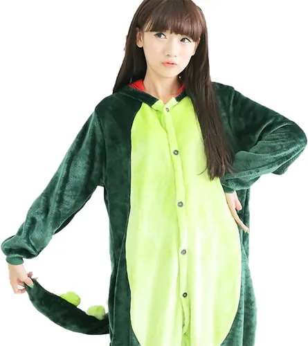 Vista 2 de ICNGLKSND Pijama unisex con capucha de animales para adultos, de una pieza, de dinosaurio, manga larga, felpa, cosplay, vestido de pijama de una