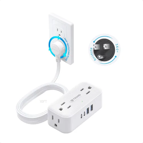 Vista 16 de TROND 360° Rotating Flat Plug Power Strip, 1.5FT Extension Cord with 4 USB Ports, 4 Wide Spaced AC Outlets, Wall Mount, 900J Surge Protector for