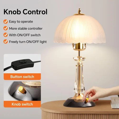 Vista 2 de Lámpara de mesa de cristal, lámpara de noche regulable con interruptor de encendido/apagado, modernas lámparas de vidrio para mesitas de noche