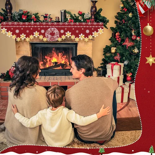 Vista 6 de Nuanchu Bufanda de mantel de Navidad de 96 x 18 pulgadas, bufanda roja iluminada para chimenea con decoración de corona de copo de nieve, cubierta
