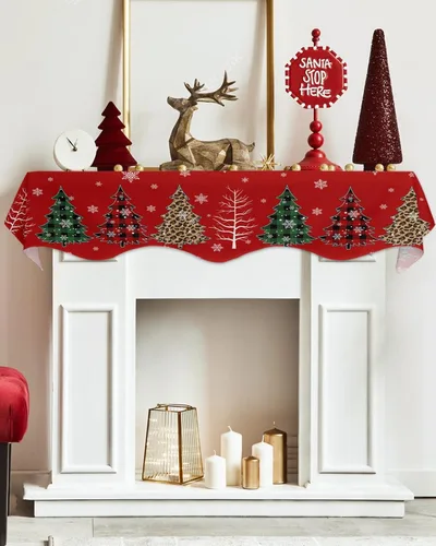 Vista 3 de Bufanda de Navidad para chimenea, diseño de árbol de Navidad, mantel de Navidad, mantel superior, bufandas con copos de nieve, cubierta de mantel