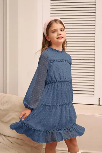 Vista 4 de GRACE KARIN Vestido escalonado con volantes para niñas, vestido acampanado de manga larga con lunares suizos, 6-12 años