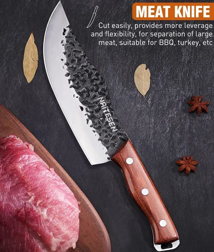 Vista 3 de Naitesen Juego de 4 cuchillos de carnicero y cuchillos de cocina, forjados a mano, muy afilados para cortar carne, cocinar, barbacoa, regalos