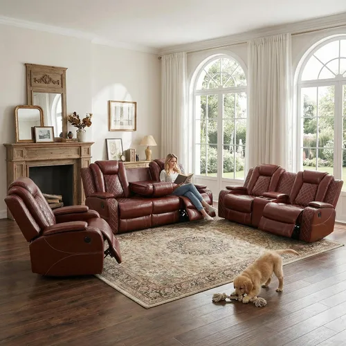 Vista 12 de Juego de sofá reclinable eléctrico, sofás reclinables de cuero negro, 3 piezas de sofá reclinable de cuero de aire y silla de dos plazas con luces