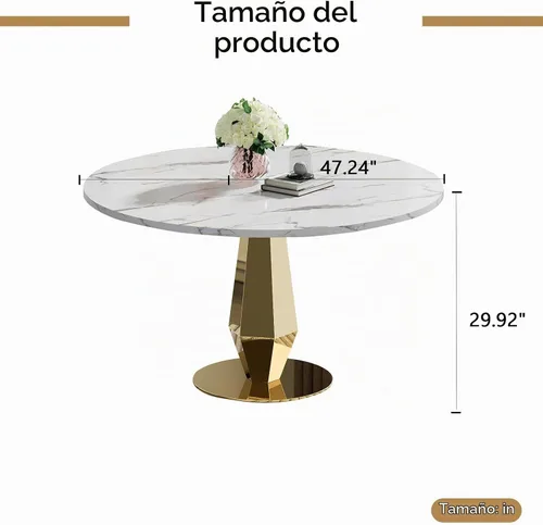 Vista 3 de Henf Mesa de comedor redonda de mármol sintético para 4 a 6 personas, mesa de cocina moderna de oro blanco de 47 pulgadas con base de acero Mesa