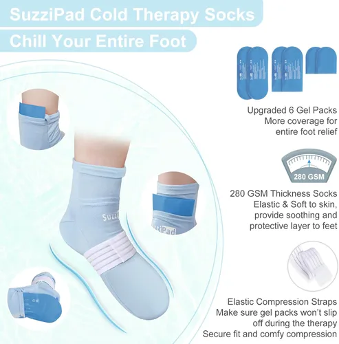 Vista 7 de Suzzipad Calcetines de terapia de frío y bolsa de hielo para manos, guantes de enfriamiento para quimioterapia, gorras para aliviar el estrés