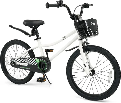Vista 12 de HONEY JOY Bicicleta para niños, 12, 14, 16, 18, 20 pulgadas, con ruedas de entrenamiento y freno de mano, marco de acero, cadena totalmente cerrada