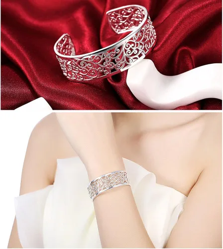 Vista 6 de KACON Pulsera de plata de ley 925, brazalete abierto simple de moda para mujeres y niñas
