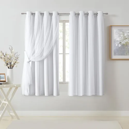 Vista 20 de Bujasso Cortinas 80% Opacas Beige con Superposición de Gasa Mezcla y Combinación Paneles de Ventana con Aislamiento Térmico de Doble Capa de 63