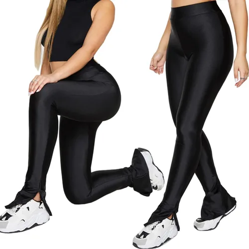 Vista 7 de Pantalones elásticos con dobladillo dividido lateral para mujer, ajustados, brillantes, de cintura media, para club, fiesta, uso diario, leggings