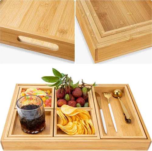 Vista 3 de Bandejas de madera para servir con asa - Juego de 7 - Grande, Mediana, Pequeña y Mini - Bandejas anidadas multiusos - para desayuno, mesa