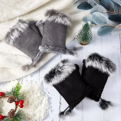 Vista 6 de 2 Pairs Women Fur Fingerless Gloves Winter Rabbit Fur Half finger Mittens for Women Girls Teen Working Writing