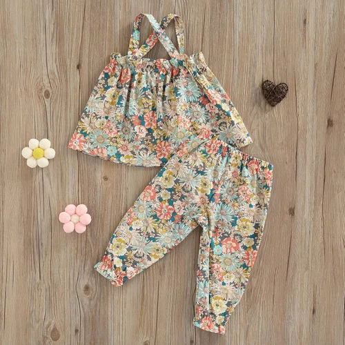 Vista 2 de Conjunto de 2 piezas de ropa con volantes y cuello halter floral para niños pequeños