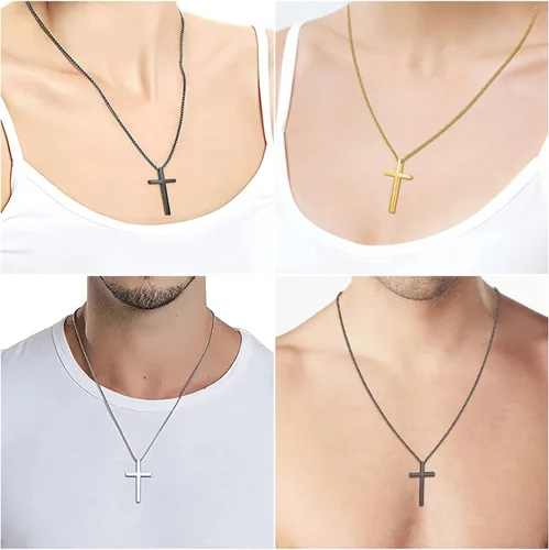 Vista 3 de Collar de cruz para hombre, cadena colgante de acero inoxidable, joyería de cadena, relleno de calcetín de Navidad, bautismo cristiano, regalos