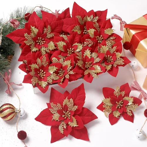 Vista 8 de Alupssuc 24 PCS Flores de Pascua Navideñas Negras Artificiales con Purpurina, Decoraciones Navideñas para Árbol, Corona, Chimenea, Flores de Pascua