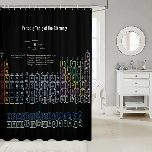 Vista 2 de Cortina de ducha con temática de química, tabla periódica de elementos, cortina de baño para amantes de la ciencia química, 72 pulgadas de ancho x