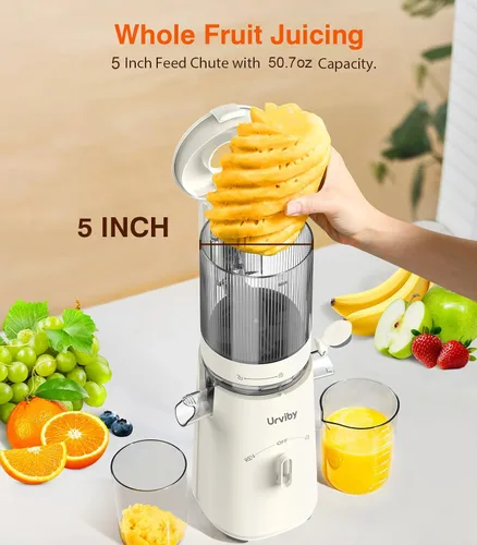 Vista 2 de Máquinas exprimidoras, exprimidor de prensa fría 2 en 1 para jugo y sorbete, apto para verduras y frutas con canal de 5 pulgadas de ancho, potente