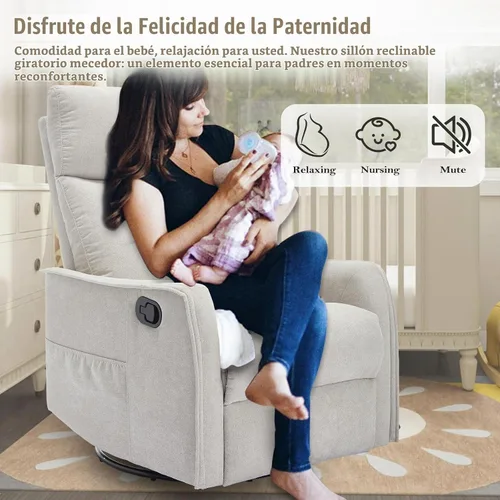 Vista 4 de cinkehome Silla Reclinable Giratoria Mecedora con Masaje Térmico, Sillas Reclinables Mecedoras para Guardería, Espacios Pequeños, Respaldo Alto