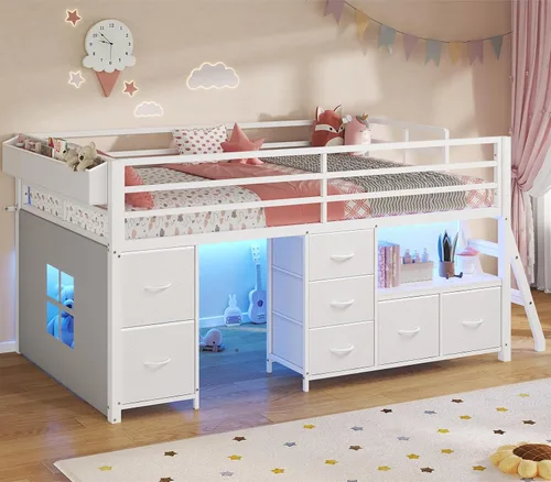 Vista 10 de ADORNEVE Cama baja tipo loft tamaño individual con 7 cajones de almacenamiento, estantería y luces LED, cama alta de metal para niños con barandilla