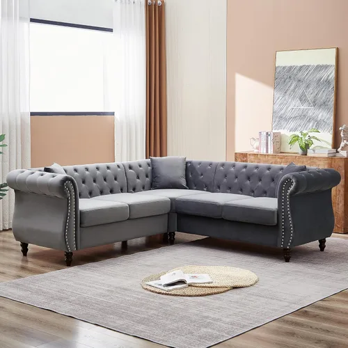Vista 9 de Juego de Sofá Combinado de Terciopelo Chesterfield de 2 Piezas para Sala de Estar, Sofá de 3 Plazas y Loveseat con Tapizado Capitoné con 4