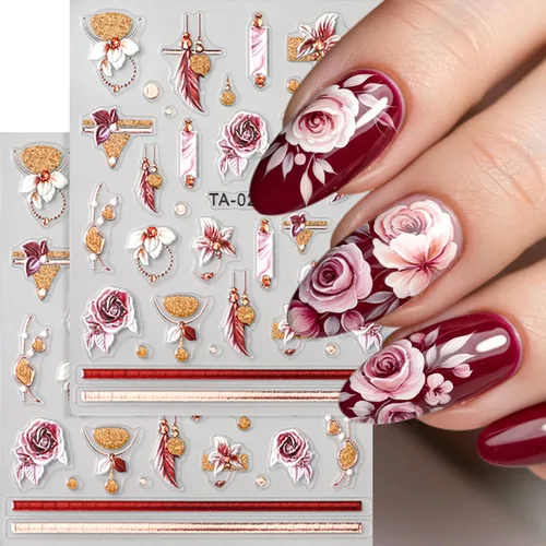 Vista 31 de 30 hojas de calcomanías de uñas para el día de San Valentín, diseño de flores, corazón, pastel de frutas, serie de labios rojos, suministros de arte