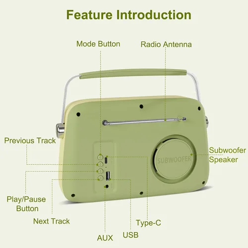Vista 3 de Altavoz Bluetooth retro con radio FM, altavoz de radio portátil vintage, más de 20 horas de duración de la batería con antena telescópica, carga