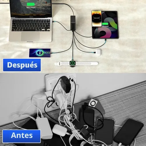 Vista 6 de Bloque de carga USB C de 200 W, 7 puertos GaN, estación de bloque de carga rápida, multipuerto PD QC3.0 Hub de ladrillo compatible con laptop
